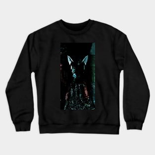 Digital collage, special processing. Strong, muscular men figure, arabian skirt, dark room. Demon. Blue, green and slight red. Crewneck Sweatshirt